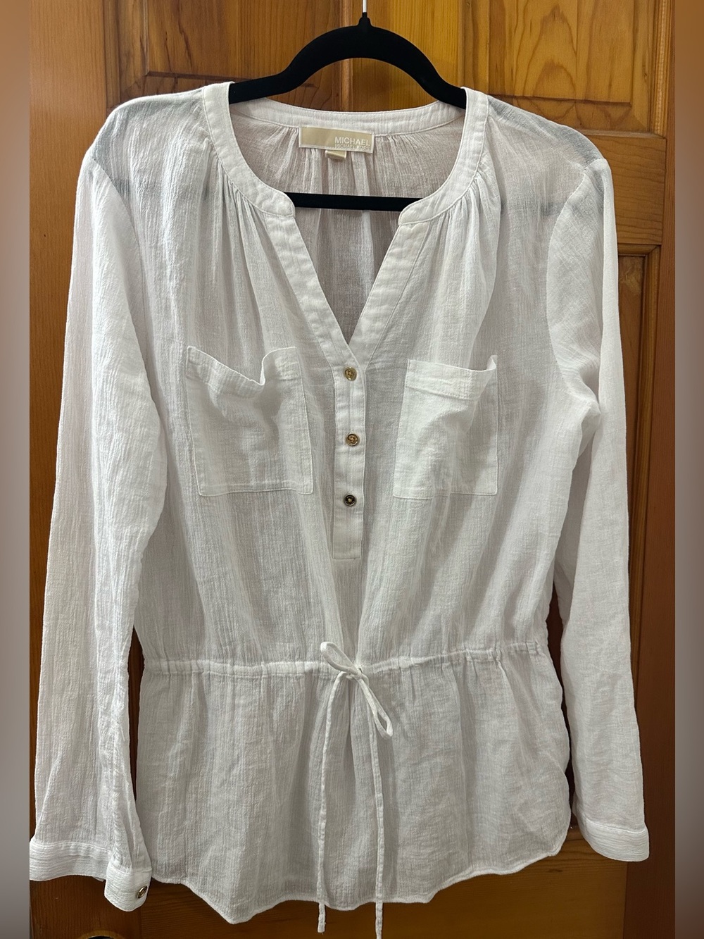 MICHAEL Michael Kors White Gauze Henley Drawstring Top